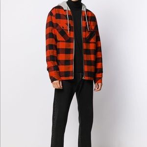 Mens Sandro Paris Red Plaid Hoodie Flannel Jacket